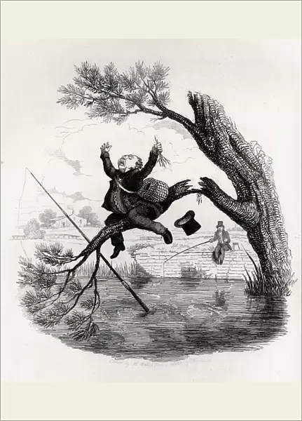 Illustration, Fisherman about to fall into the water