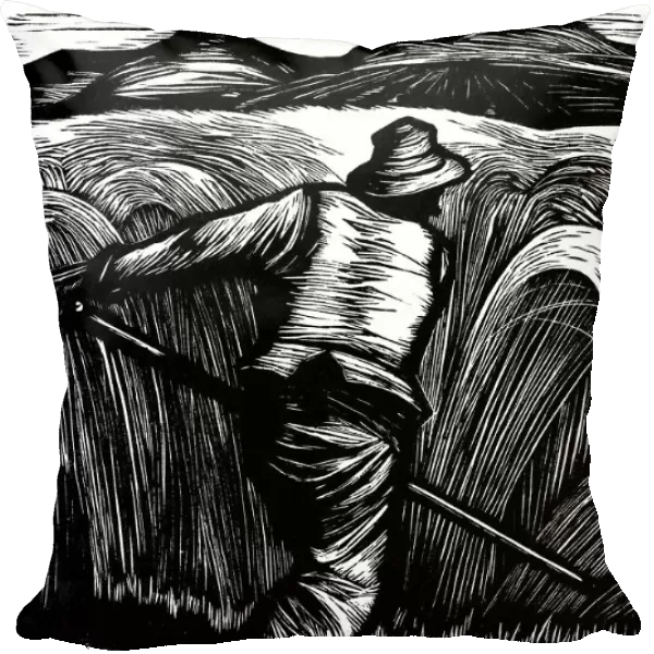 Harvest. Woodcut of man harvesting wheat with scythe