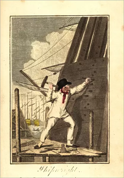 Shipwright driving wedges into the stern of a ship