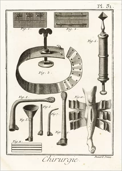 18th century sutures, tourniquet, syringe and bandages
