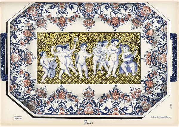 Decorative rectangular plate from Rouen with handles