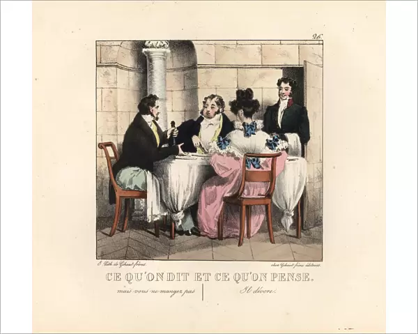 Man and woman in a restaurant with a glutton, 19th century