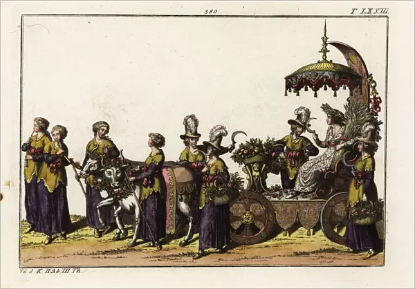 A triumphal carriage with female reapers holding scythes