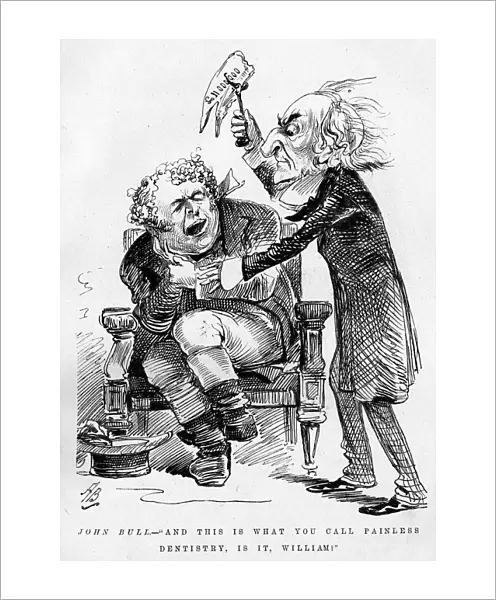 Cartoon, John Bull with William Gladstone as dentist