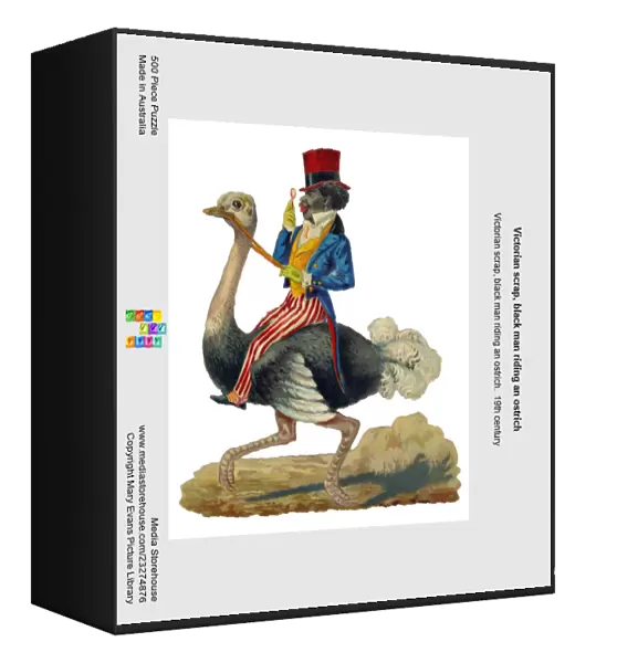 Victorian scrap, black man riding an ostrich