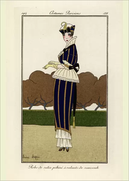 Woman in blue and yellow striped pekin silk satin dress