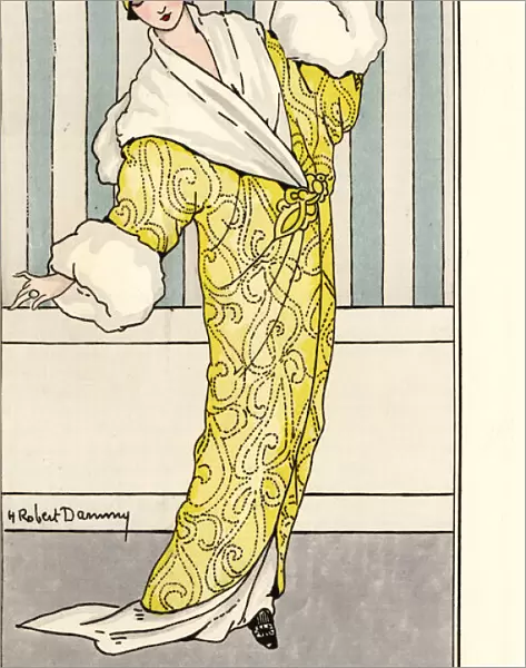 Woman in coat of lemon crushed velvet