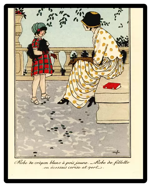 Woman in dress of polka-dot crepon, and girl with dog