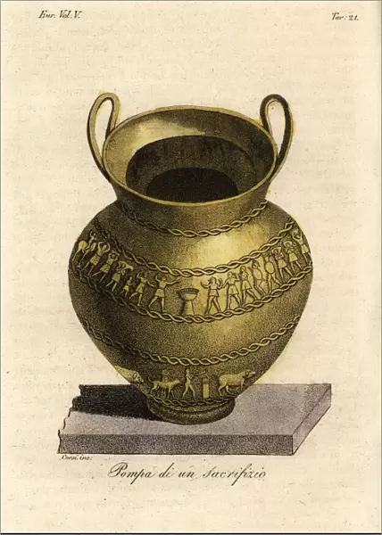 Etruscan sacrificial rites depicted on a gilded silver vase