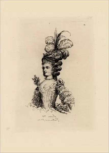 Woman in fashionable hat with feathers and ringlets