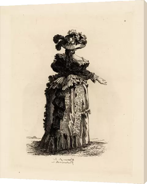 Rear view of fashionable womans dress, era of Marie