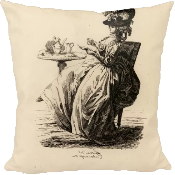Fashionable woman drinking coffee, era of Marie Antoinette