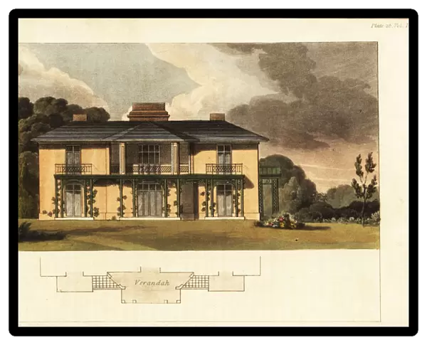 Elevation of a hunting lodge and plan of a verandah
