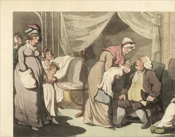 Nurse showing a baby to an old man and woman