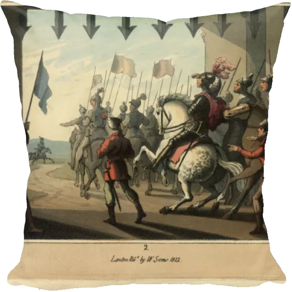 Medieval knights in armour on horseback under a portcullis