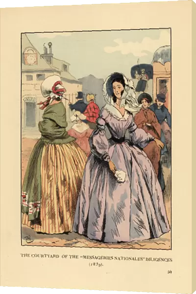 Women waiting for stage coaches in Paris, 1839