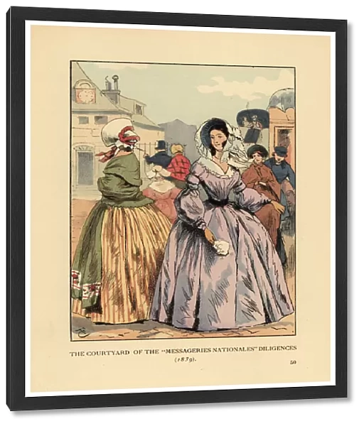 Women waiting for stage coaches in Paris, 1839
