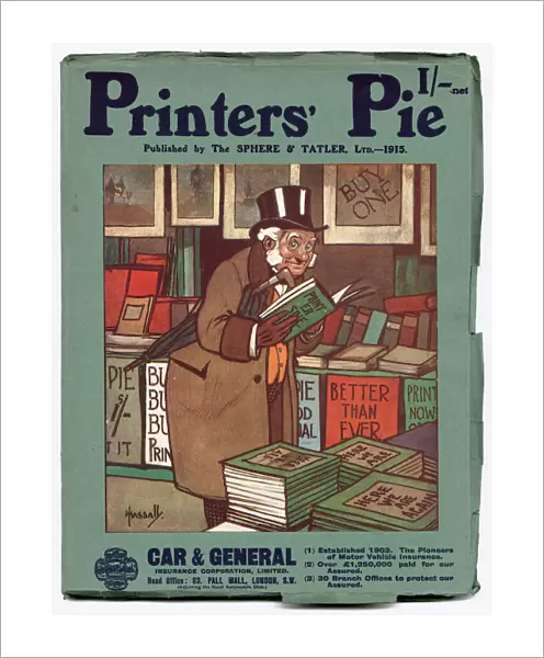 Front cover of Printers Pie magazine for 1915 featuring an elderly gentleman reading a