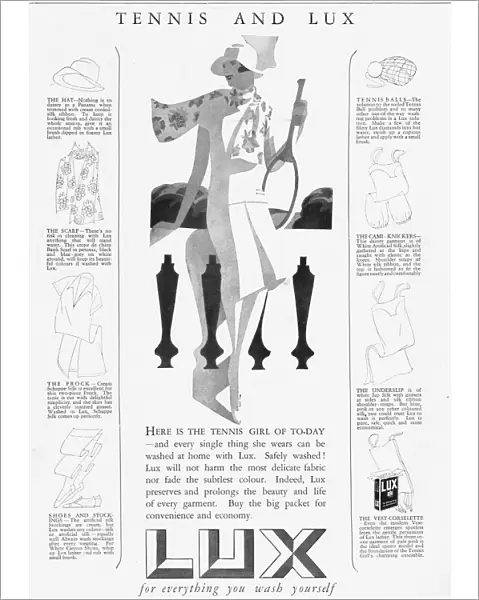 Advert for Lux, soap powder, featuring tennis wear, 1926