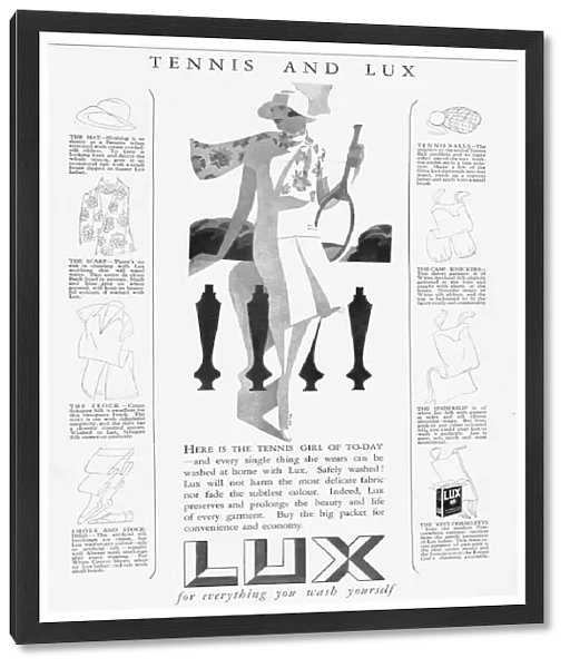 Advert for Lux, soap powder, featuring tennis wear, 1926