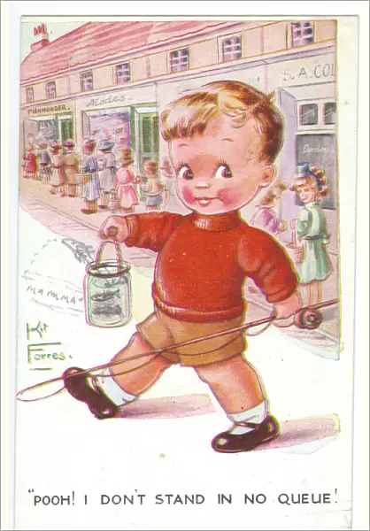 WW2 era - Comic Postcard - Pooh - I don t stand in no queue