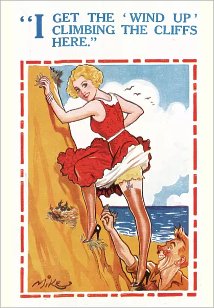 Comic postcard, Couple climbing a cliff at the seaside - getting the wind up Date