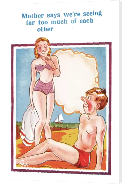 Comic postcard, Couple on the beach - seeing far too much of each other Date