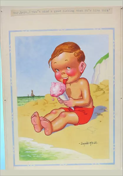 Comic postcard, Little boy with ice cream on the beach