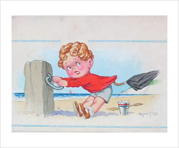 Comic postcard, Little boy clinging to post on the beach
