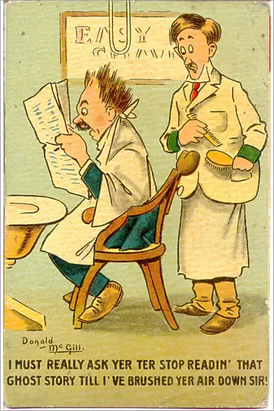 Comic postcard, Man at the barbers Date: 20th century