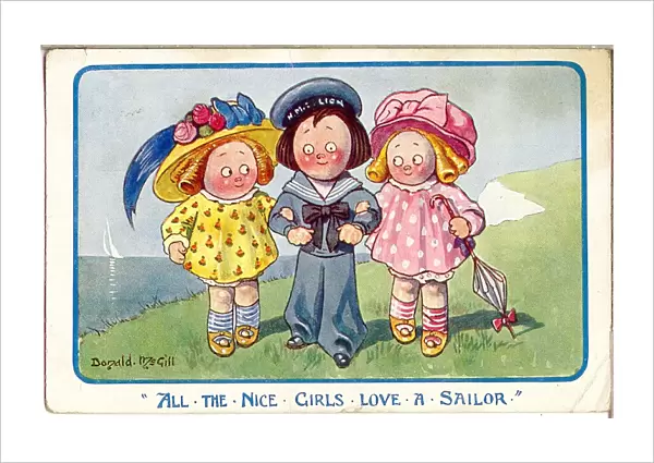 Comic postcard, Two girls with a sailor Date: 20th century