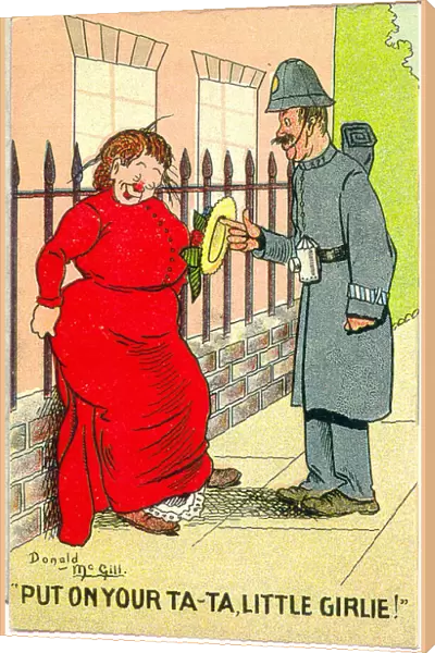 Comic postcard, Drunken woman and policeman