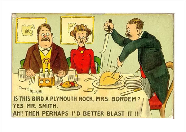 Comic postcard, Lodgers and landlady - carving the poultry Date: 20th century