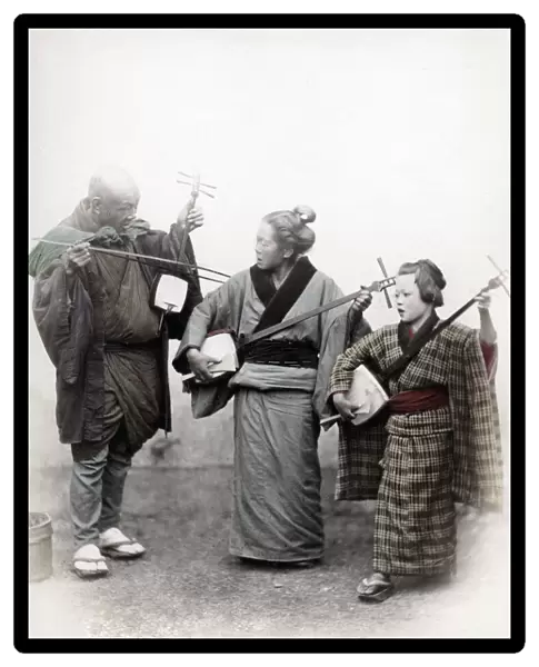 Street musicians, Japan, 1860 s, shamisens Vintage late 19th century photograph