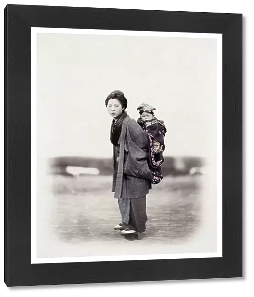 1860s Japan - portrait of a young woman carrying a baby Felice or Felix Beato