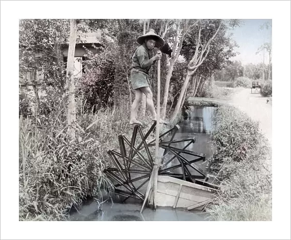 Irrigation with a water wheel, Japan, c. 1890s Vintage late 19th century photograph