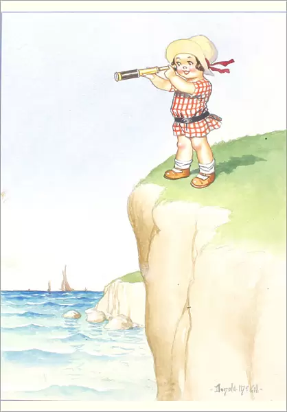 Comic postcard, Little girl with telescope on cliff, looking out to sea Date