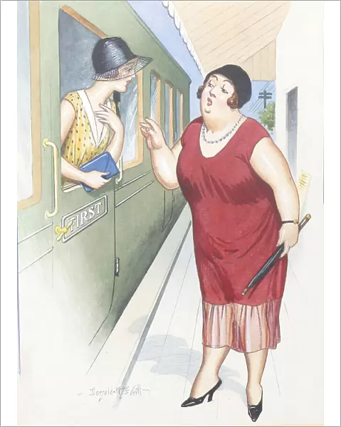 Comic postcard, Mother and daughter at station