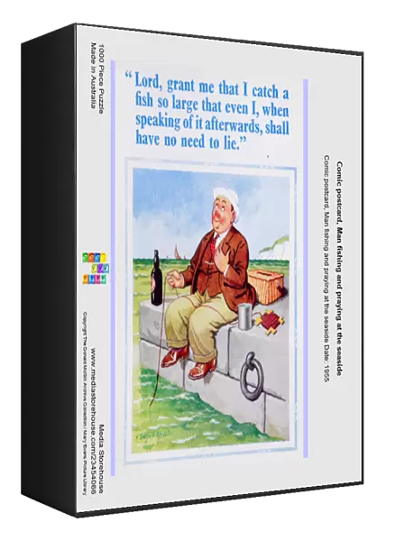 Comic postcard, Man fishing and praying at the seaside