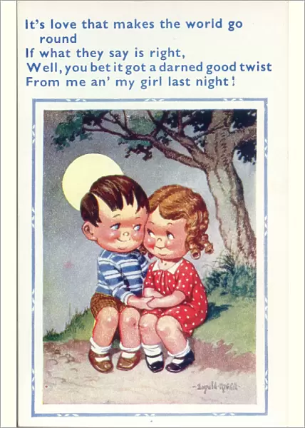 Comic postcard, Girl and boy holding hands in the moonlight Date: 20th century