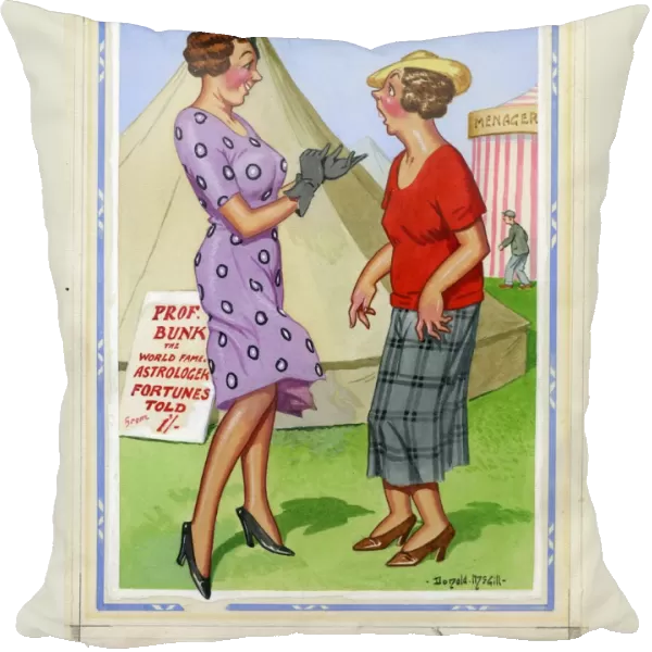 Comic postcard, Two women at a fairground, near the fortune tellers tent Date