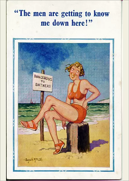 Comic postcard, Woman in orange bikini at the seaside