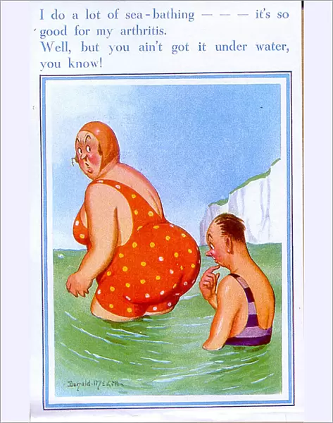 Comic postcard, Large woman in red swimsuit in the sea