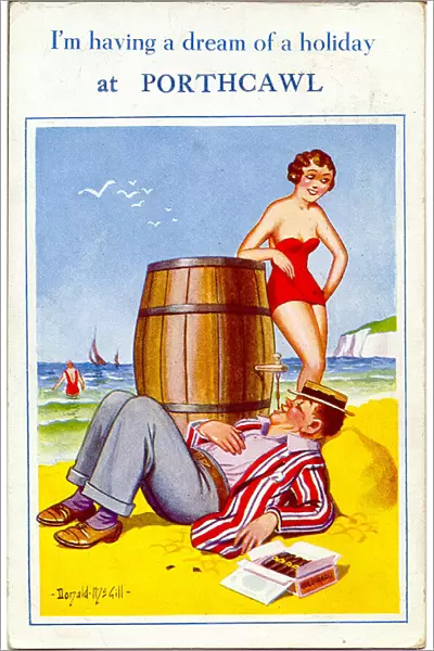 Comic postcard, Man drinking from a beer barrel at the seaside Date: 20th century