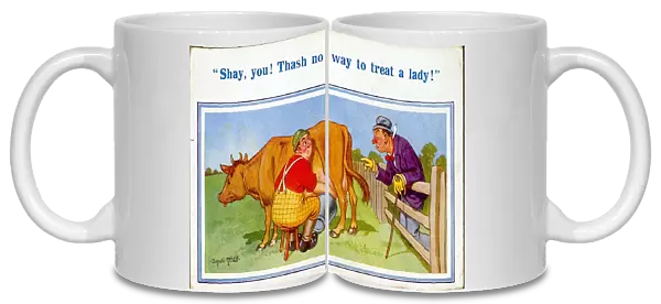 Comic postcard, milking a cow Date: 20th century