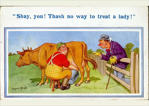 Comic postcard, milking a cow Date: 20th century