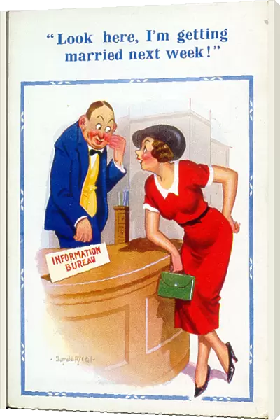 Comic postcard, Woman at Information Bureau