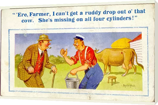 Comic postcard, Difficulty milking a cow Date: 20th century