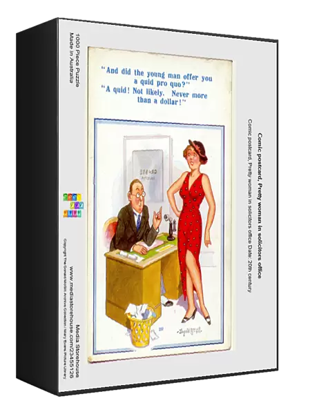 Comic postcard, Pretty woman in solicitors office