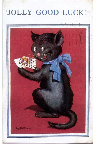 Good Luck postcard, Black cat with playing cards Date: 20th century